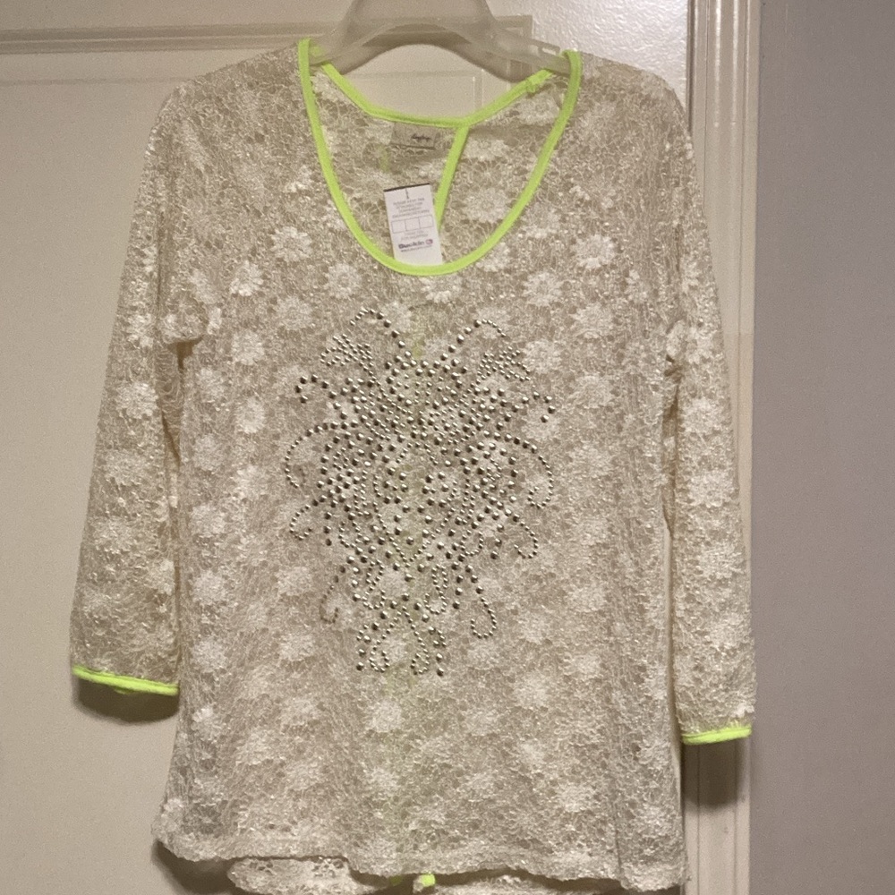 Apt. 9 White Lace Blouse with Neon Yellow Accents